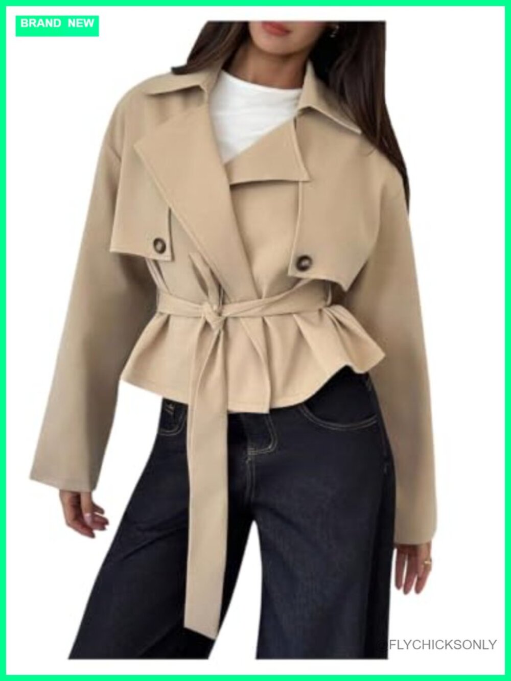 Cropped Trench Coat Long Sleeve Belt Business Casual Work Outerwear